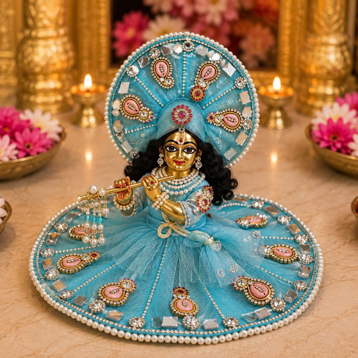 Premium Royal Blue Pearl Work Laddu Gopal Poshak Set | Designer Shringar Dress