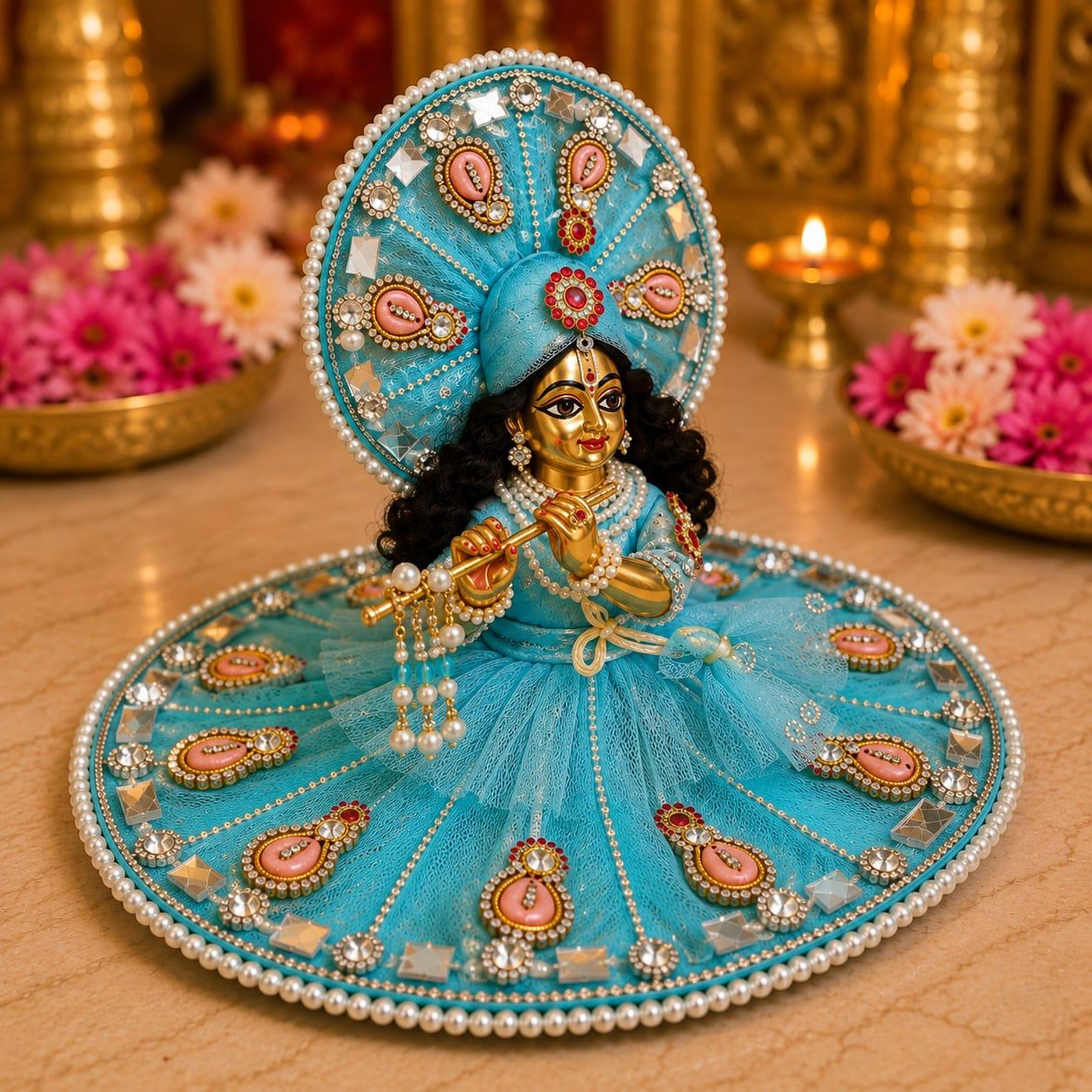 Premium Royal Blue Pearl Work Laddu Gopal Poshak Set | Designer Shringar Dress