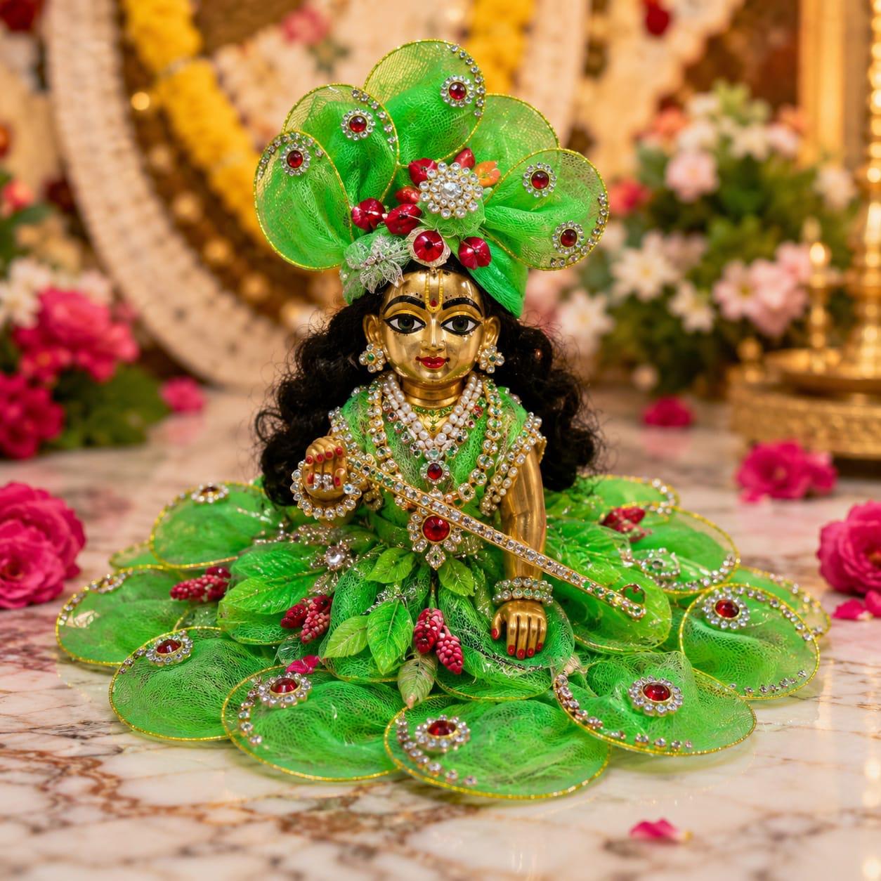 Premium Green Floral Laddu Gopal Poshak | Designer Pearl & Stone Work Shringar Dress