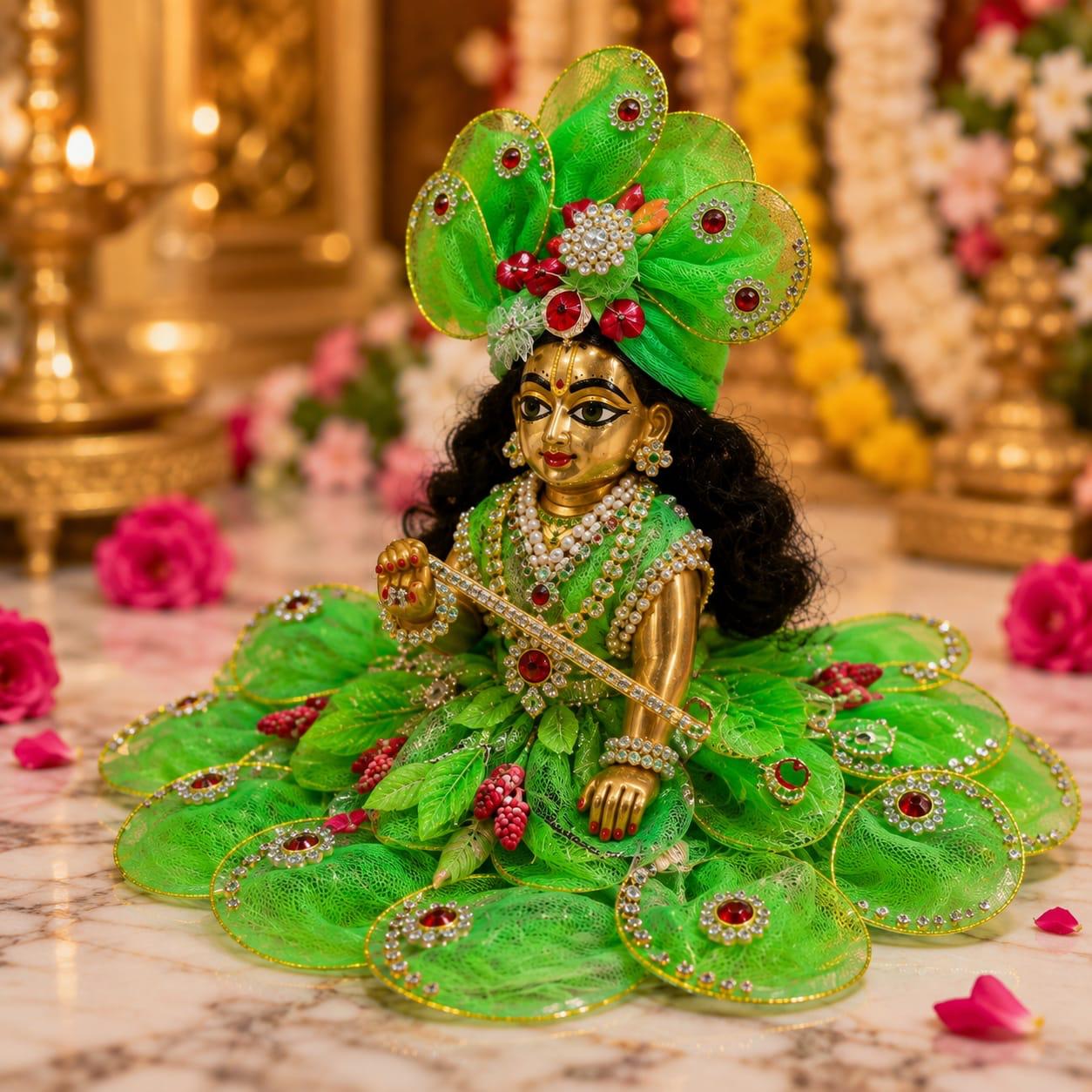 Premium Green Floral Laddu Gopal Poshak | Designer Pearl & Stone Work Shringar Dress