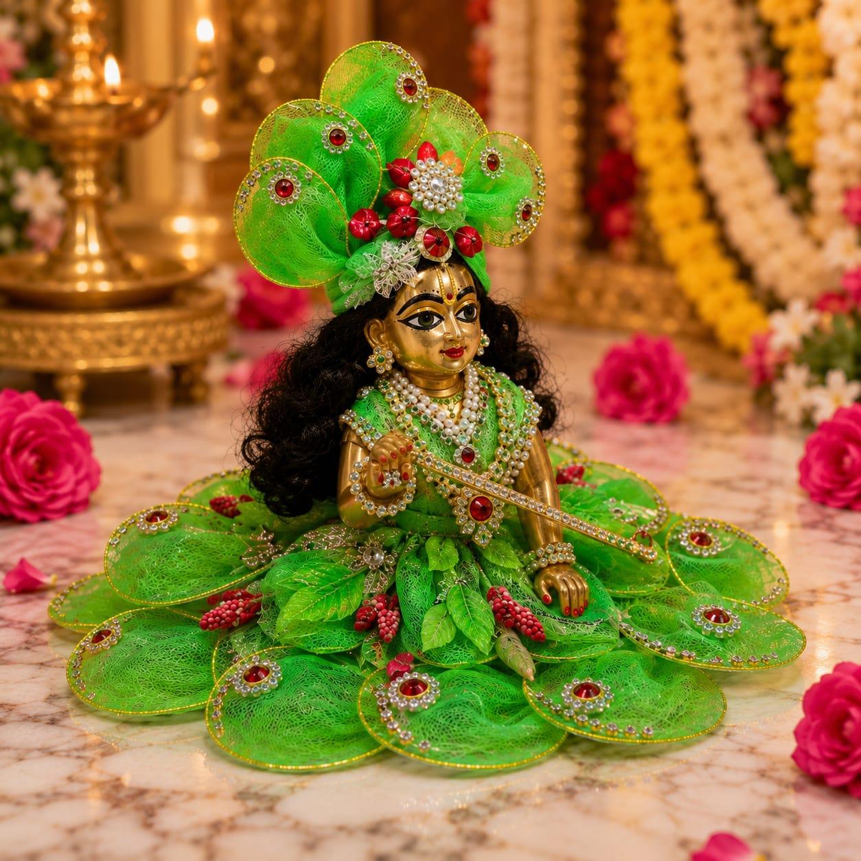 Premium Green Floral Laddu Gopal Poshak | Designer Pearl & Stone Work Shringar Dress