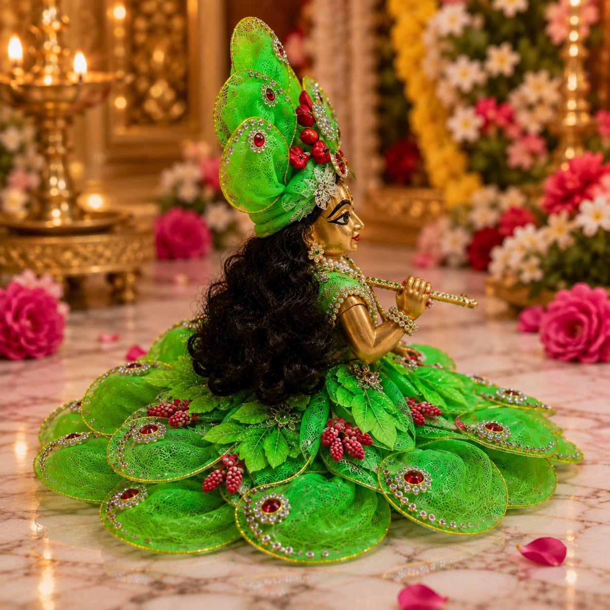 Premium Green Floral Laddu Gopal Poshak | Designer Pearl & Stone Work Shringar Dress