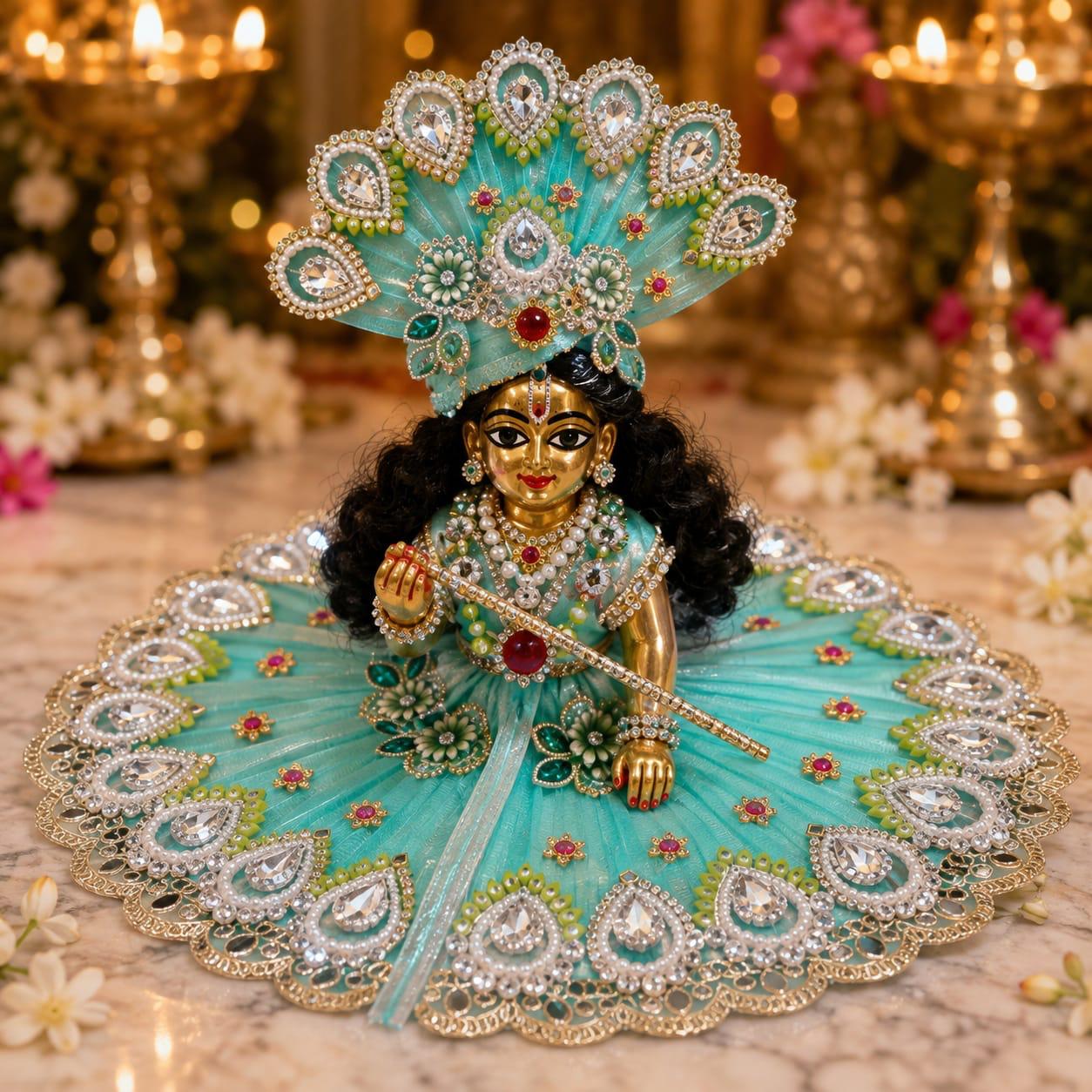 Premium Turquoise Laddu Gopal Poshak | Designer Pearl & Stone Work Krishna Shringar Dress