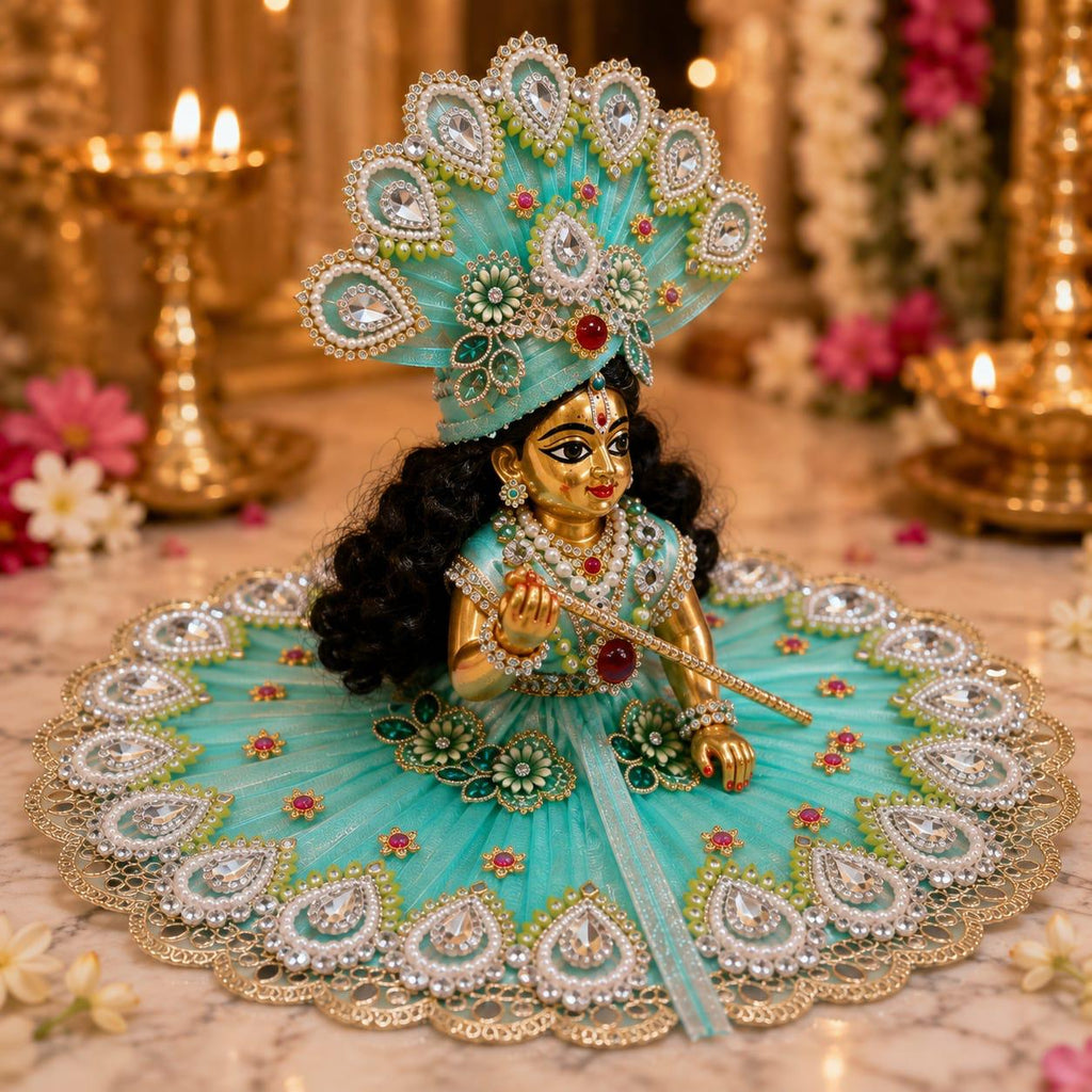 Premium Turquoise Laddu Gopal Poshak | Designer Pearl & Stone Work Krishna Shringar Dress