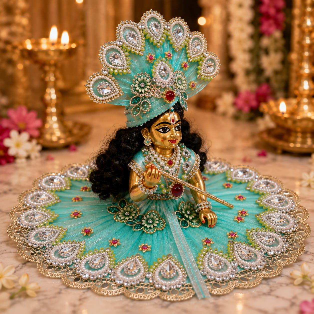 Premium Turquoise Laddu Gopal Poshak | Designer Pearl & Stone Work Krishna Shringar Dress