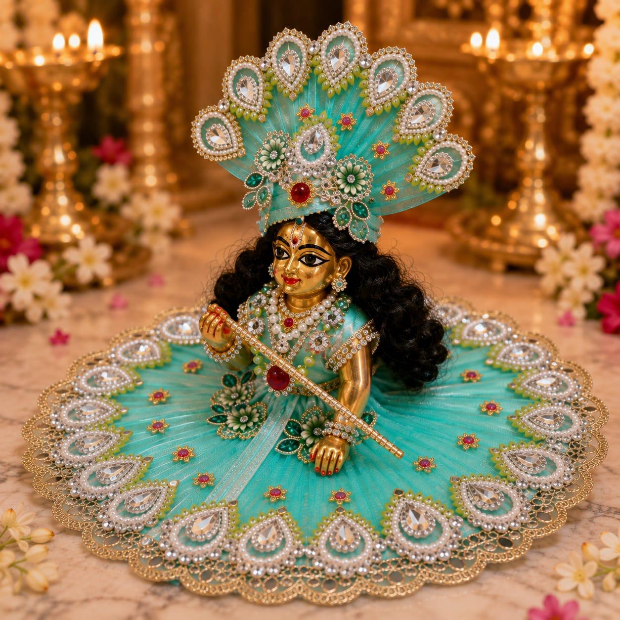 Premium Turquoise Laddu Gopal Poshak | Designer Pearl & Stone Work Krishna Shringar Dress
