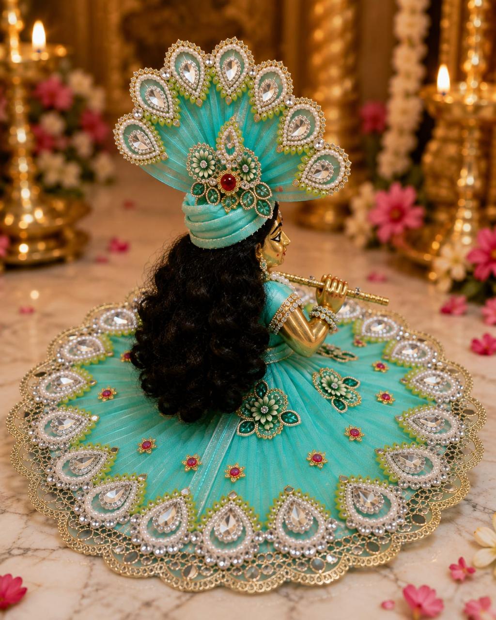 Premium Turquoise Laddu Gopal Poshak | Designer Pearl & Stone Work Krishna Shringar Dress