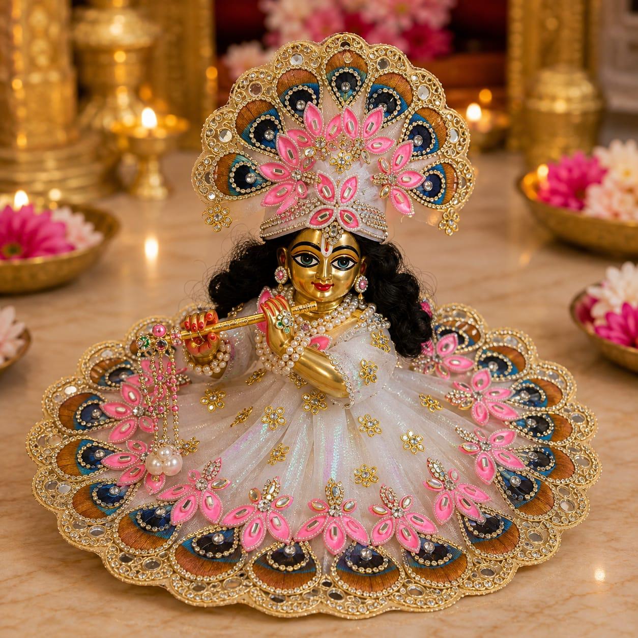 Designer Shree Krishna Poshak with Peacock Feather Mukut – Pink & White