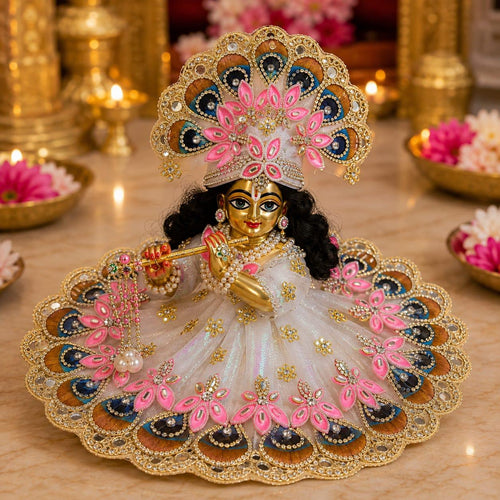 Designer Shree Krishna Poshak with Peacock Feather Mukut – Pink & White