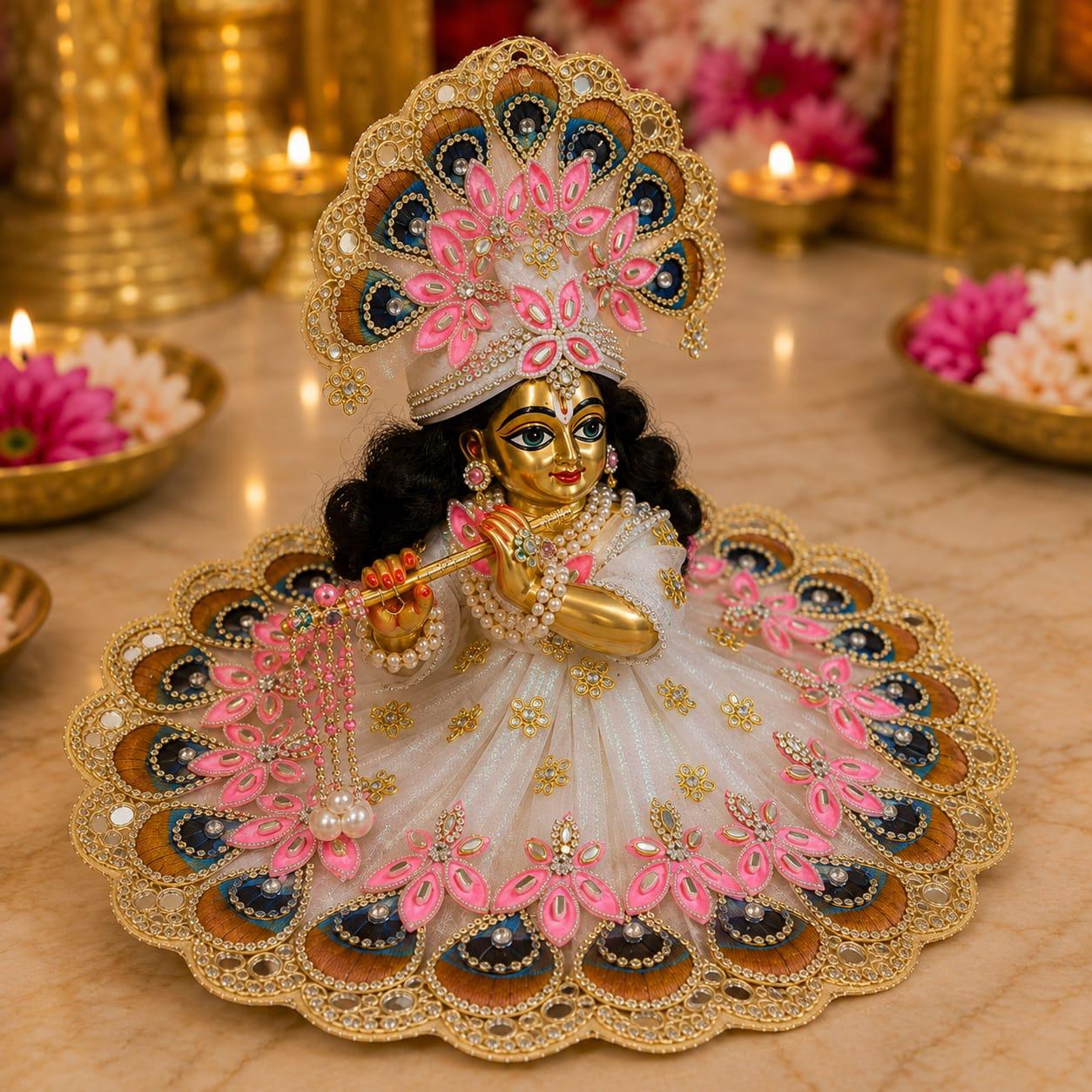 Designer Shree Krishna Poshak with Peacock Feather Mukut – Pink & White