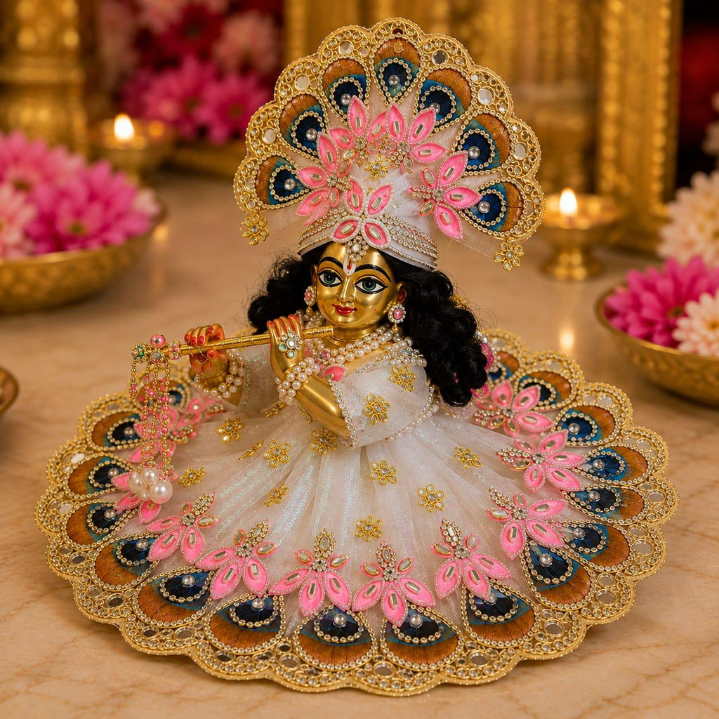 Designer Shree Krishna Poshak with Peacock Feather Mukut – Pink & White