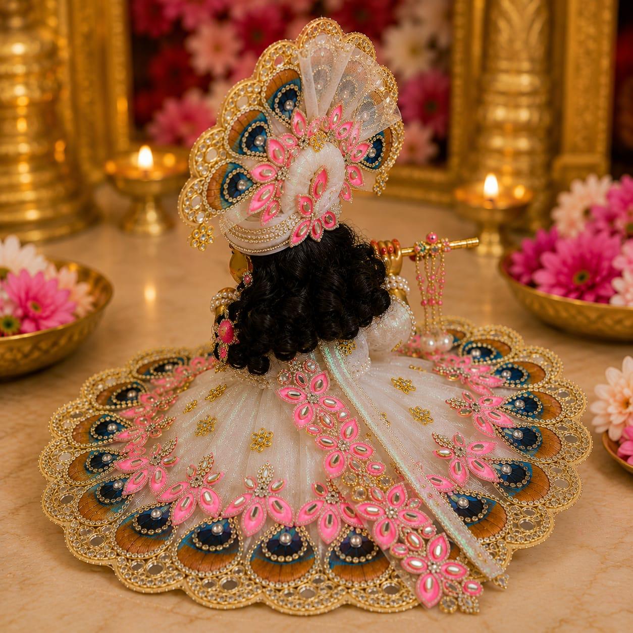 Designer Shree Krishna Poshak with Peacock Feather Mukut – Pink & White