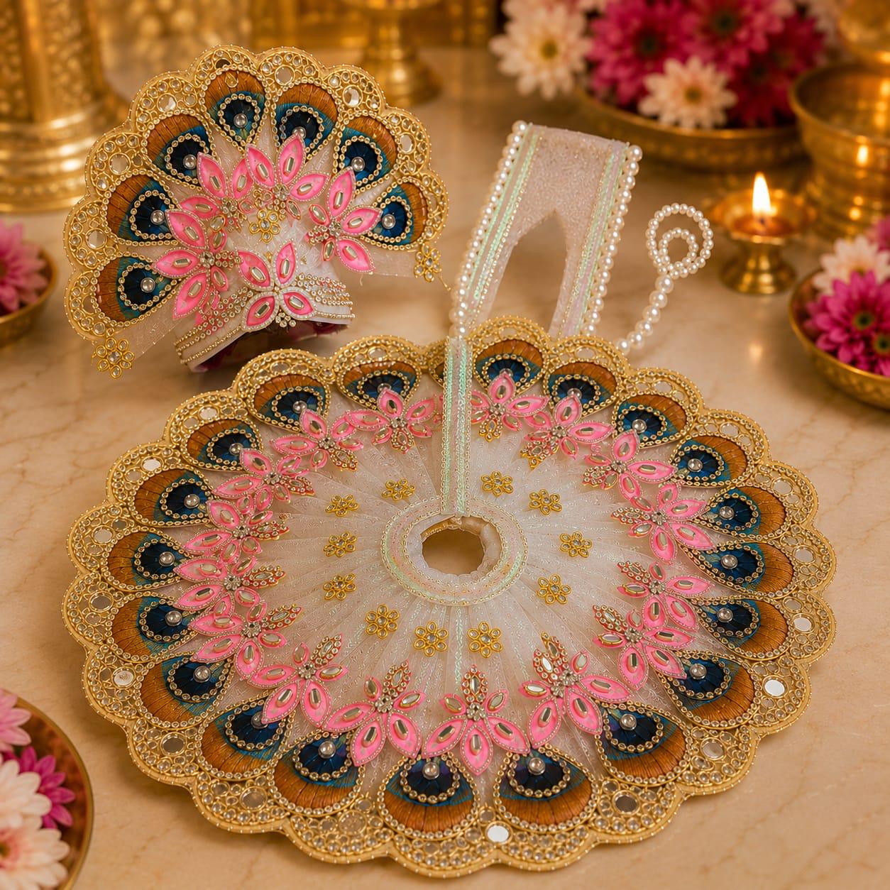 Designer Shree Krishna Poshak with Peacock Feather Mukut – Pink & White