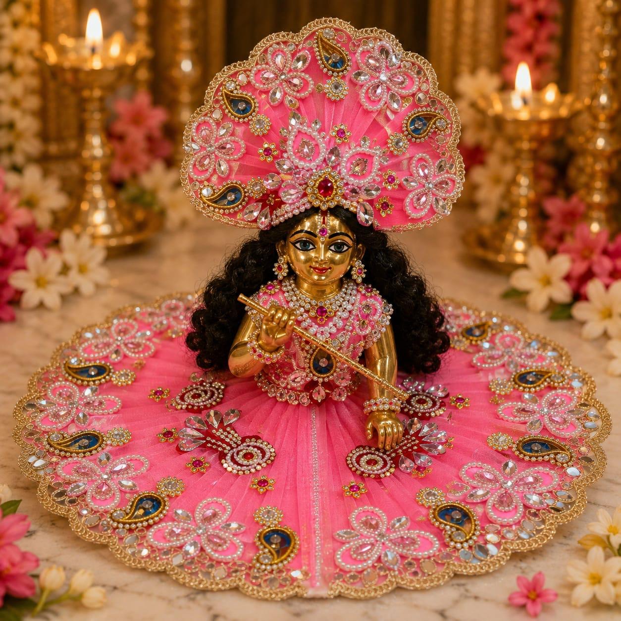 Premium Pink Laddu Gopal Poshak | Designer Floral & Stone Work Krishna Shringar Dress