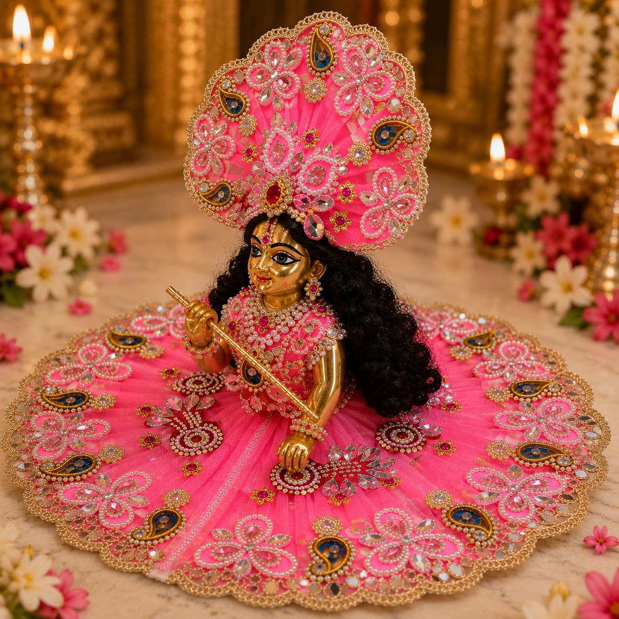 Premium Pink Laddu Gopal Poshak | Designer Floral & Stone Work Krishna Shringar Dress