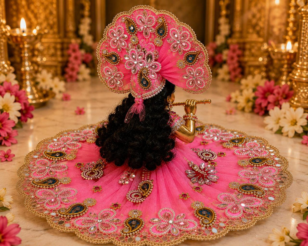 Premium Pink Laddu Gopal Poshak | Designer Floral & Stone Work Krishna Shringar Dress