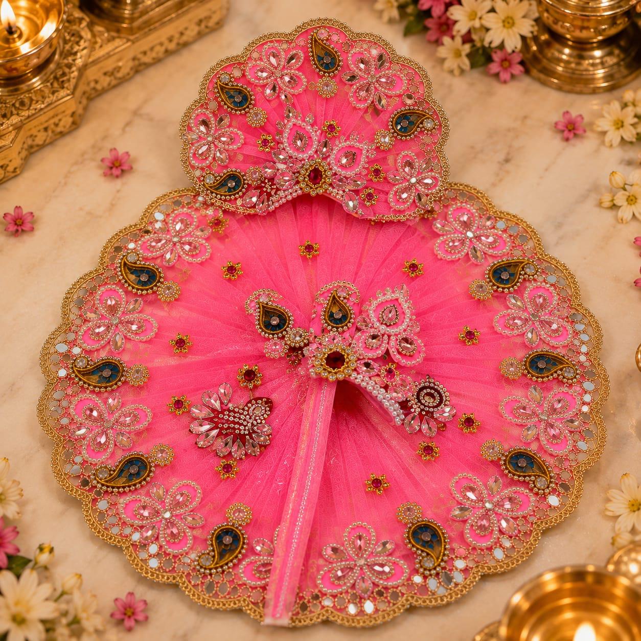 Premium Pink Laddu Gopal Poshak | Designer Floral & Stone Work Krishna Shringar Dress