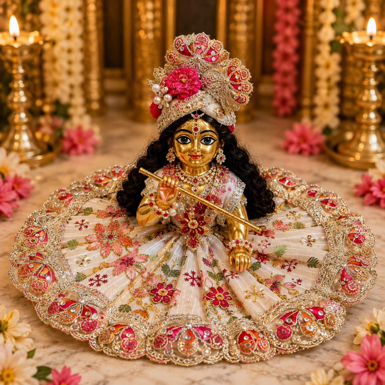 Premium Cream & Red Laddu Gopal Poshak | Designer Floral Embroidery & Zari Work Shringar Dress