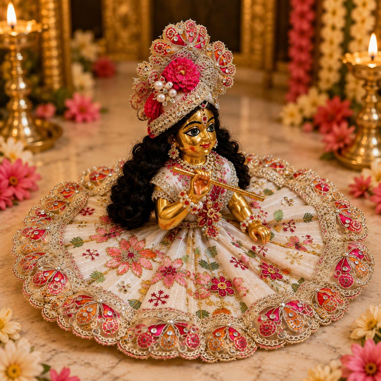 Premium Cream & Red Laddu Gopal Poshak | Designer Floral Embroidery & Zari Work Shringar Dress