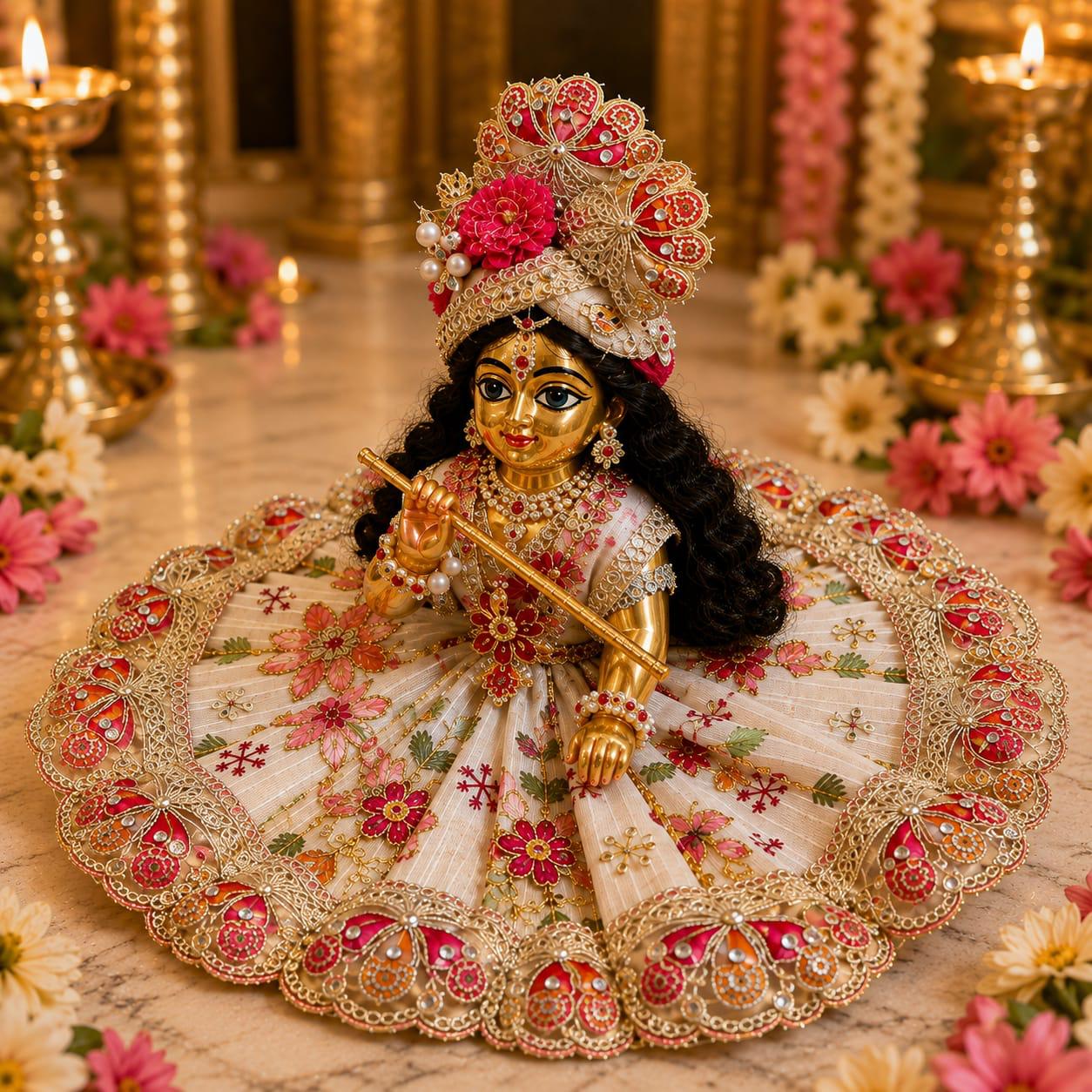 Premium Cream & Red Laddu Gopal Poshak | Designer Floral Embroidery & Zari Work Shringar Dress