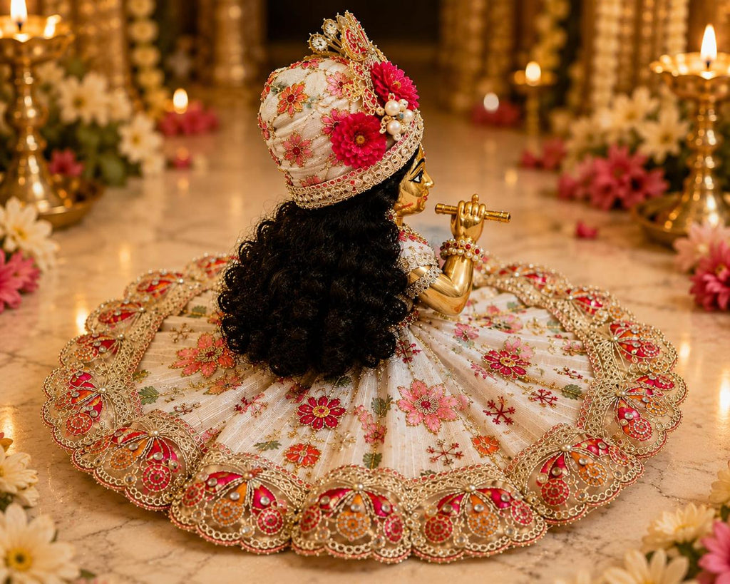 Premium Cream & Red Laddu Gopal Poshak | Designer Floral Embroidery & Zari Work Shringar Dress