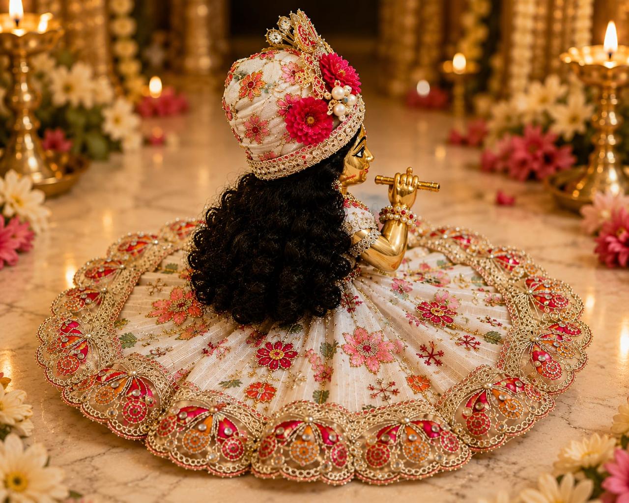 Premium Cream & Red Laddu Gopal Poshak | Designer Floral Embroidery & Zari Work Shringar Dress