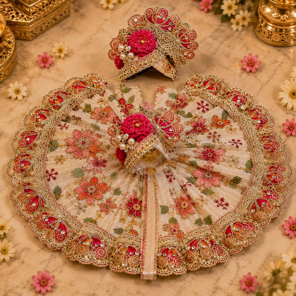Premium Cream & Red Laddu Gopal Poshak | Designer Floral Embroidery & Zari Work Shringar Dress