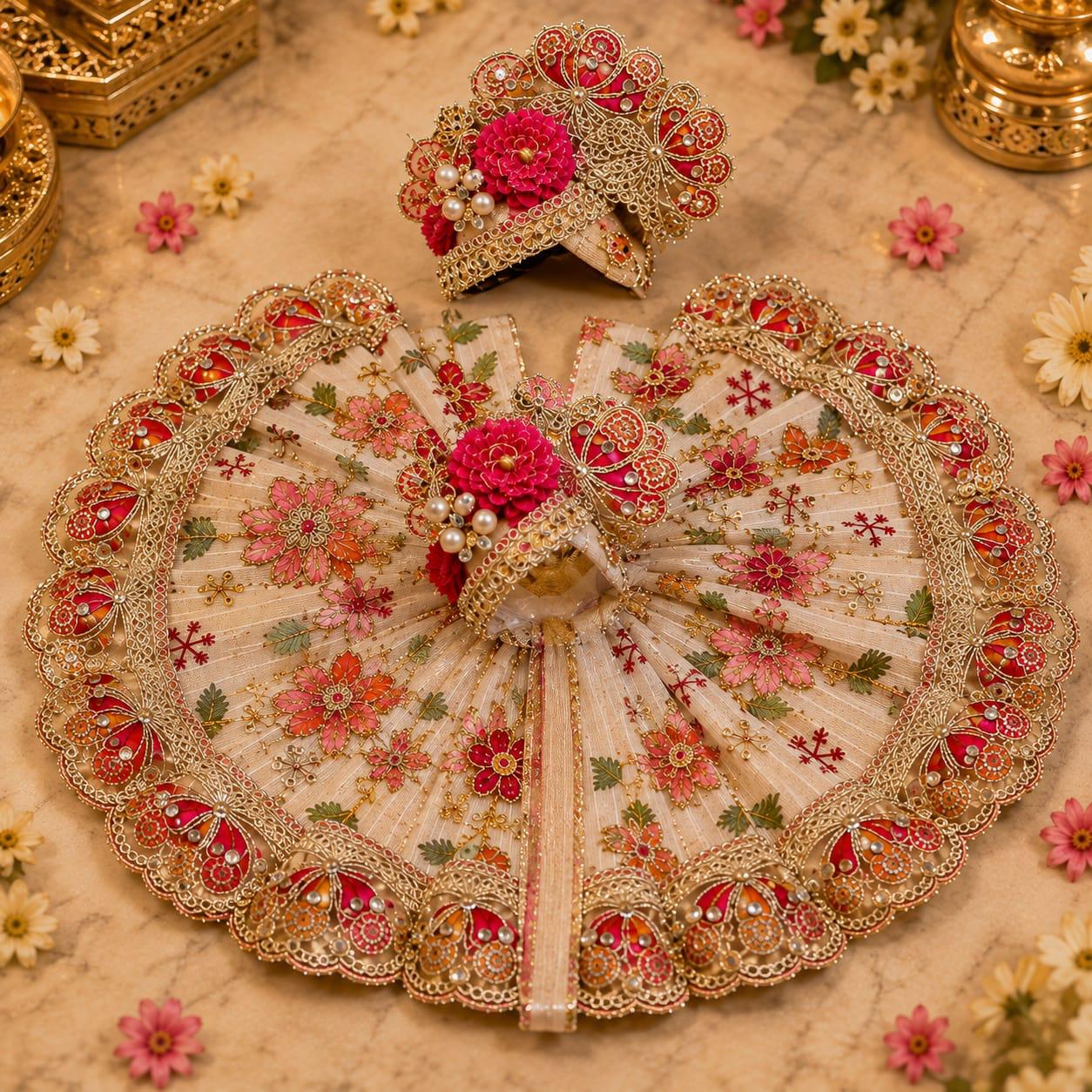 Premium Cream & Red Laddu Gopal Poshak | Designer Floral Embroidery & Zari Work Shringar Dress