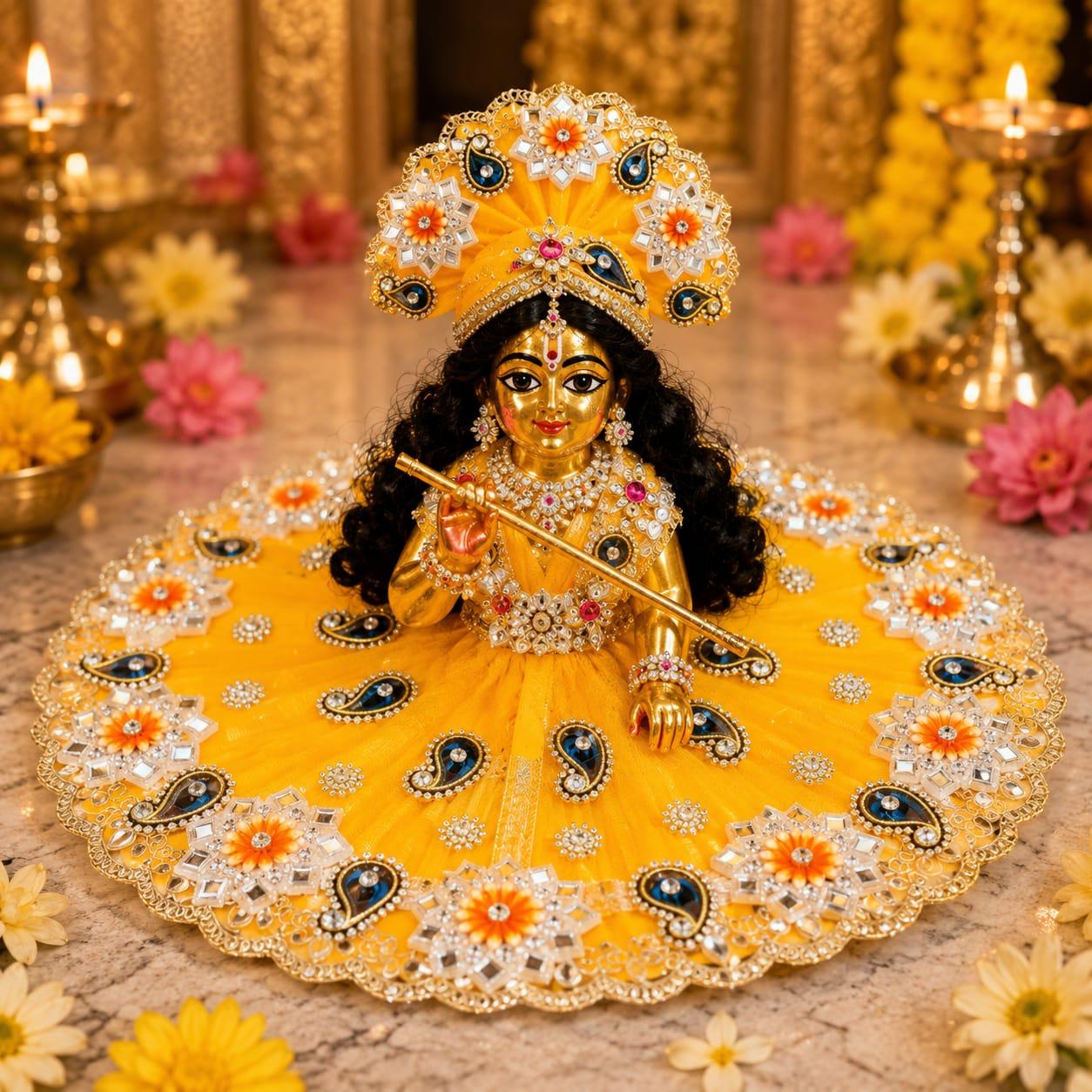 Premium Yellow Laddu Gopal Poshak | Designer Floral & Pearl Work Krishna Shringar Dress