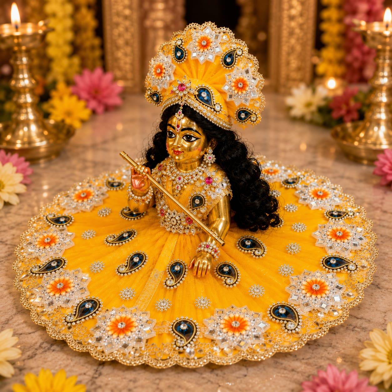 Premium Yellow Laddu Gopal Poshak | Designer Floral & Pearl Work Krishna Shringar Dress