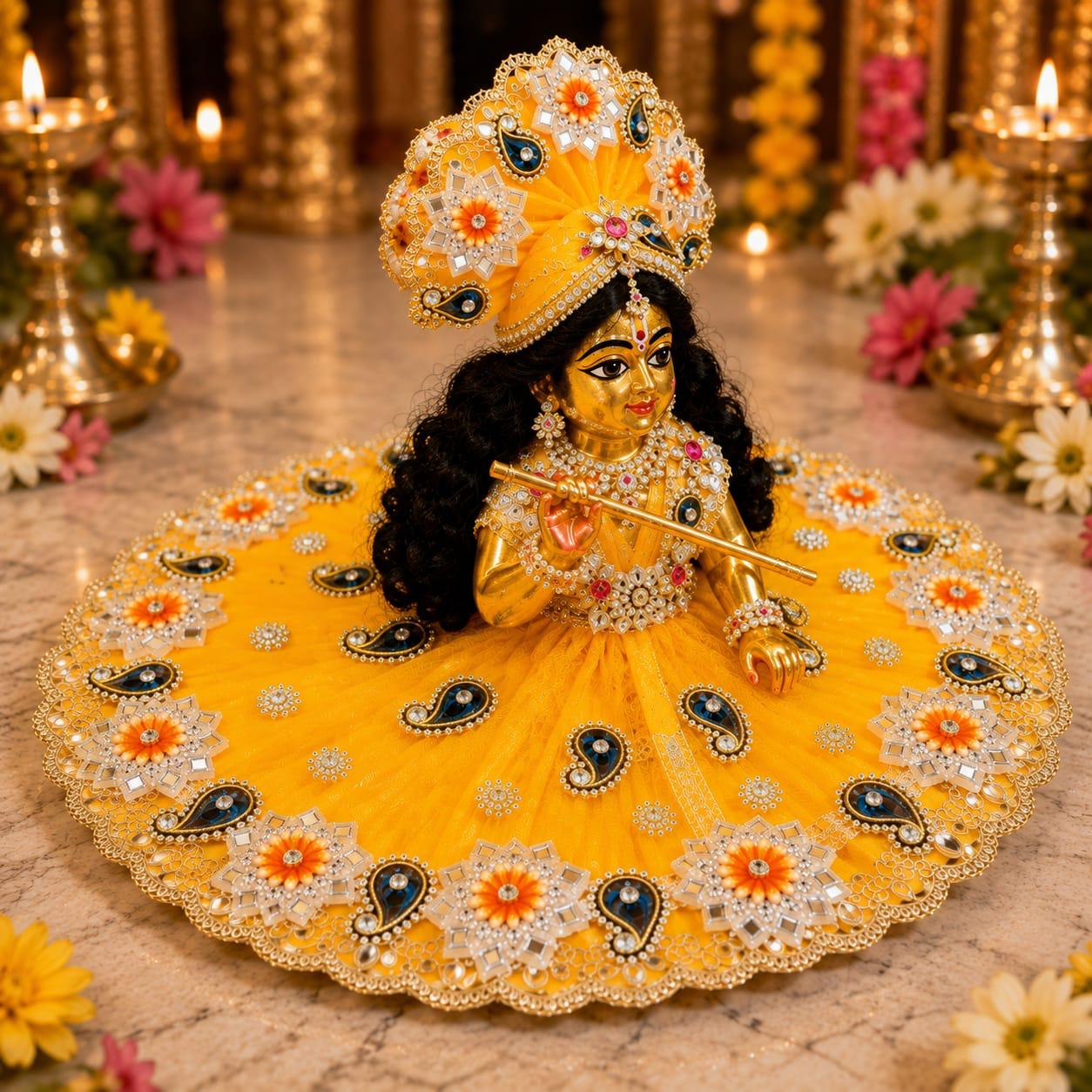 Premium Yellow Laddu Gopal Poshak | Designer Floral & Pearl Work Krishna Shringar Dress