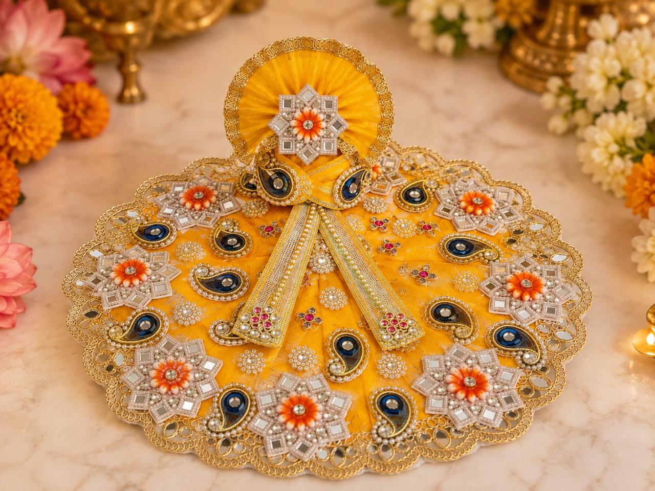Premium Yellow Laddu Gopal Poshak | Designer Floral & Pearl Work Krishna Shringar Dress