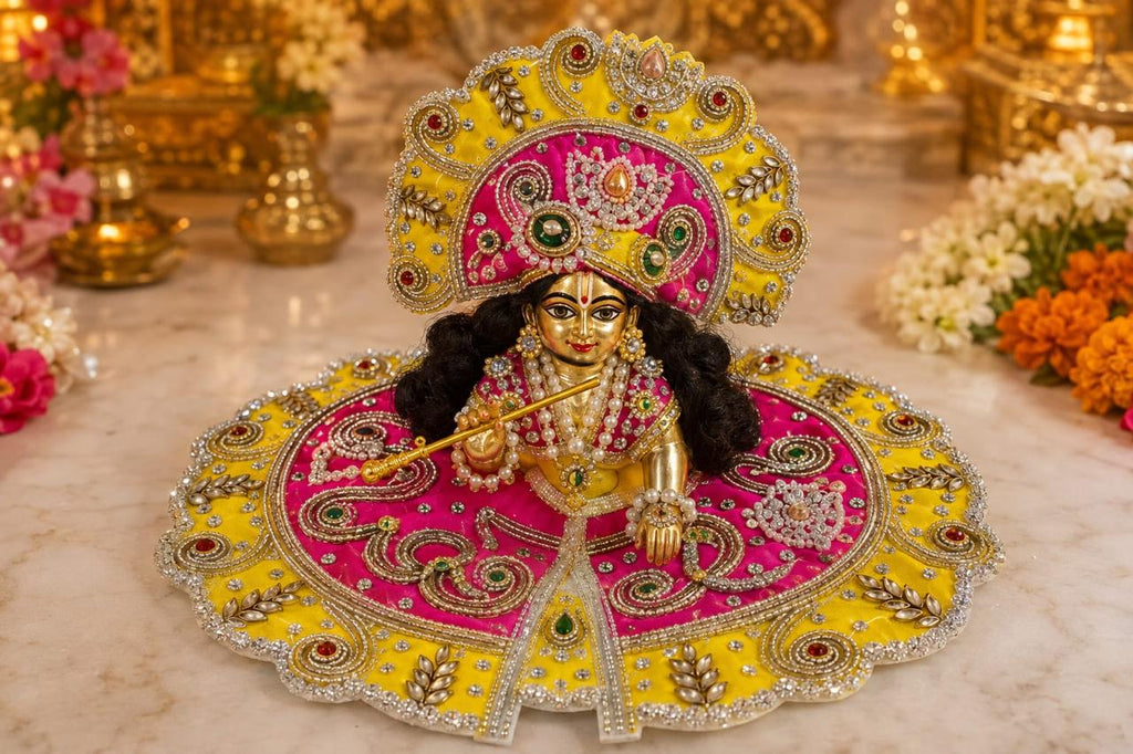 Premium Yellow & Pink Laddu Gopal Poshak | Designer Embroidery & Stone Work Krishna Shringar Dress