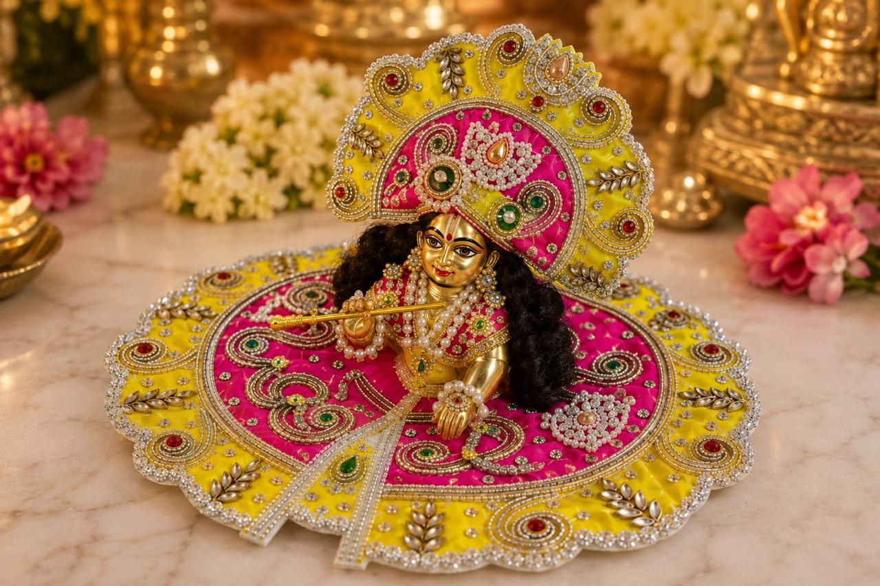 Premium Yellow & Pink Laddu Gopal Poshak | Designer Embroidery & Stone Work Krishna Shringar Dress