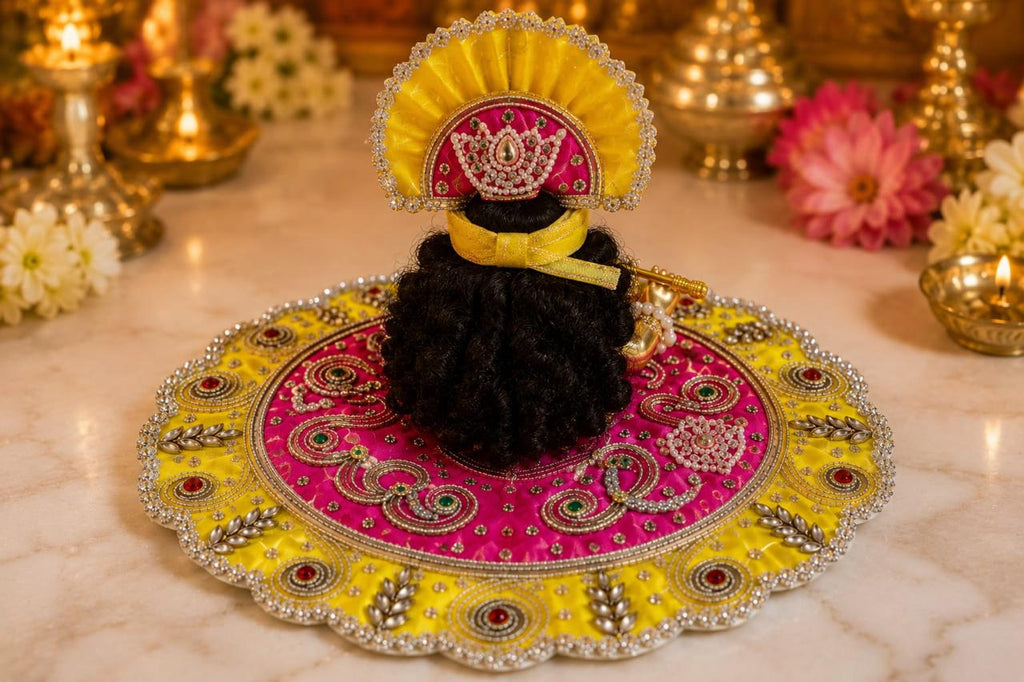 Premium Yellow & Pink Laddu Gopal Poshak | Designer Embroidery & Stone Work Krishna Shringar Dress