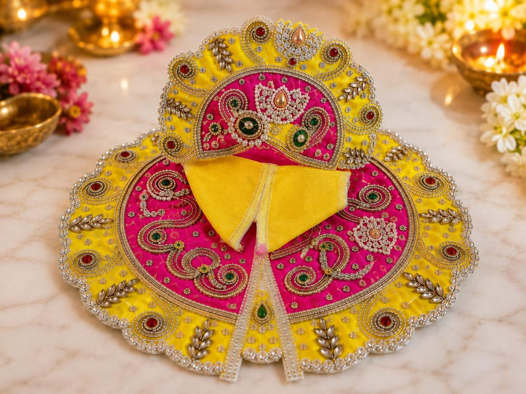 Premium Yellow & Pink Laddu Gopal Poshak | Designer Embroidery & Stone Work Krishna Shringar Dress