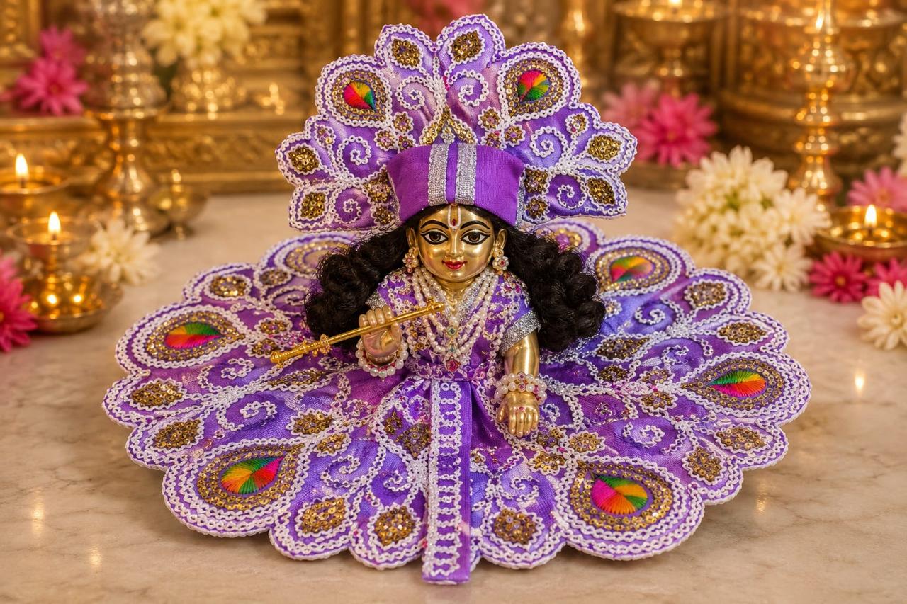 Premium Purple Laddu Gopal Poshak | Designer Peacock Motif Embroidery Shringar Dress