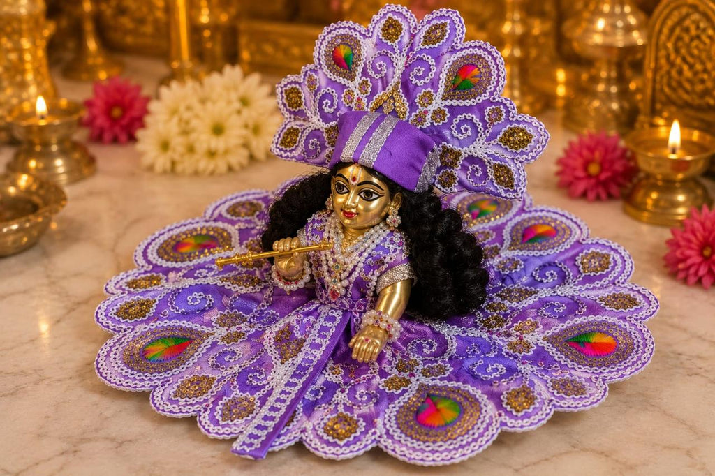 Premium Purple Laddu Gopal Poshak | Designer Peacock Motif Embroidery Shringar Dress