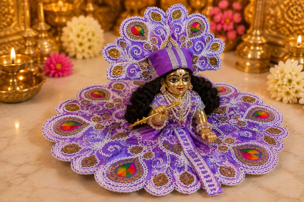 Premium Purple Laddu Gopal Poshak | Designer Peacock Motif Embroidery Shringar Dress