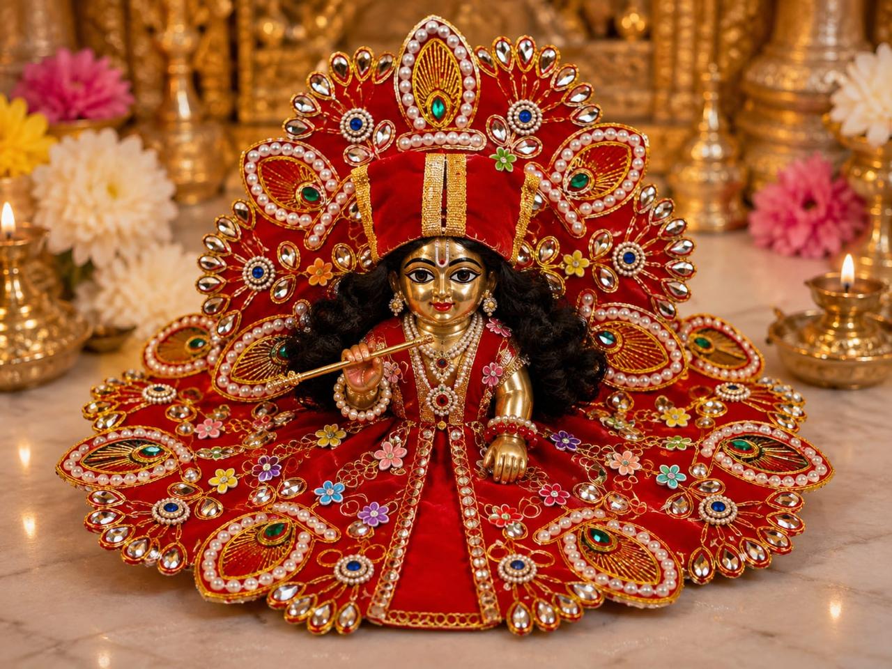 Premium Red Laddu Gopal Poshak | Designer Peacock Motif & Pearl Work Krishna Shringar Dress
