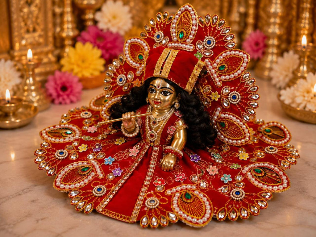 Premium Red Laddu Gopal Poshak | Designer Peacock Motif & Pearl Work Krishna Shringar Dress