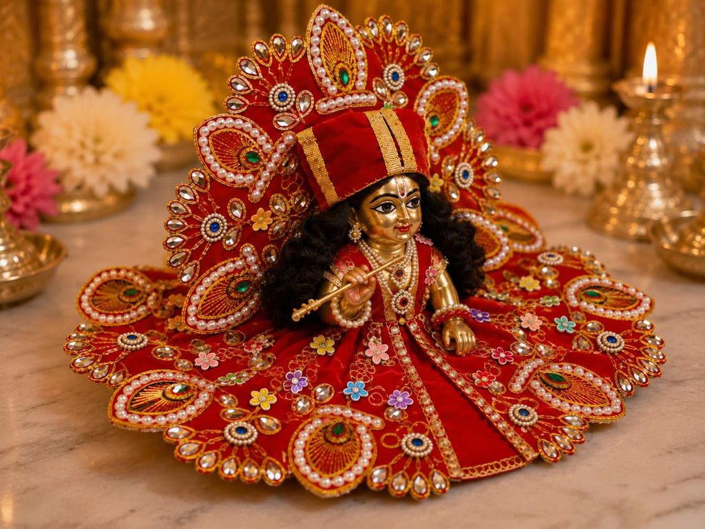 Premium Red Laddu Gopal Poshak | Designer Peacock Motif & Pearl Work Krishna Shringar Dress
