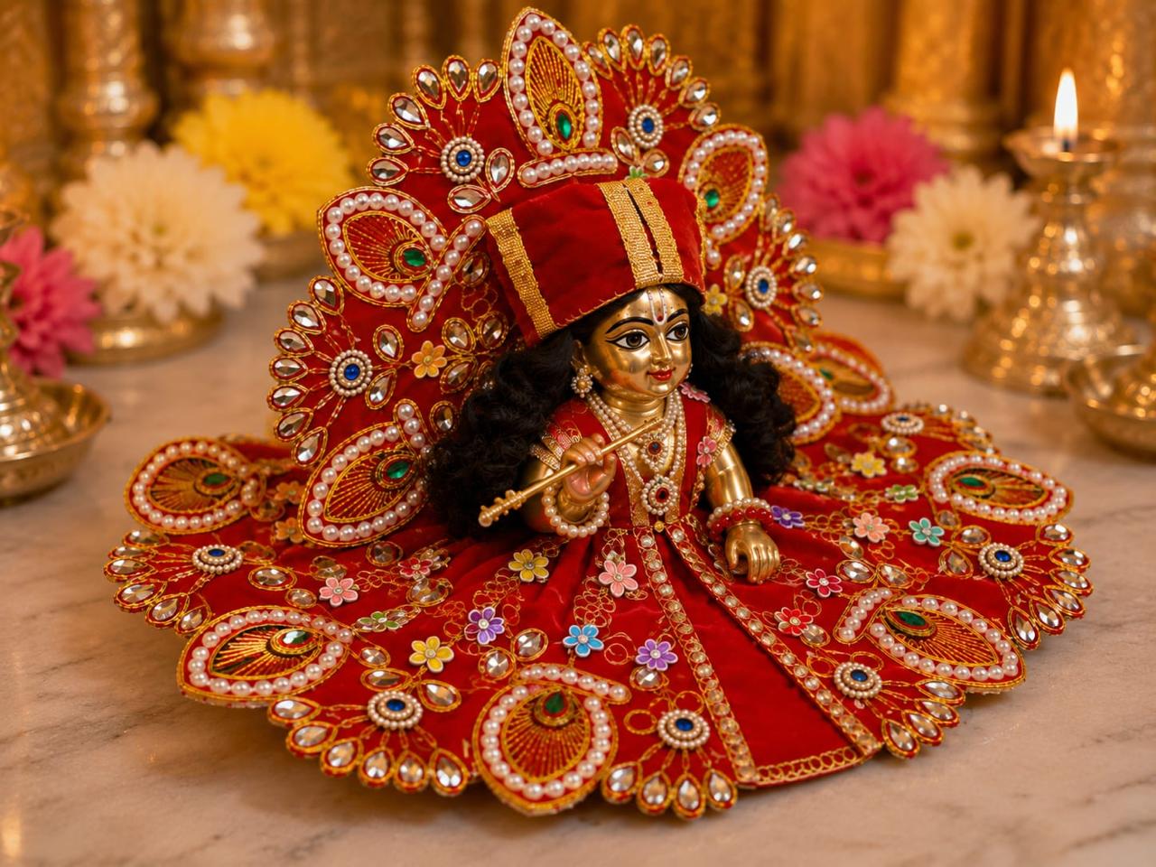 Premium Red Laddu Gopal Poshak | Designer Peacock Motif & Pearl Work Krishna Shringar Dress