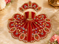 Premium Red Laddu Gopal Poshak | Designer Peacock Motif & Pearl Work Krishna Shringar Dress