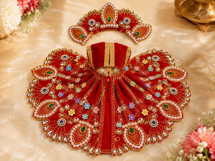 Premium Red Laddu Gopal Poshak | Designer Peacock Motif & Pearl Work Krishna Shringar Dress