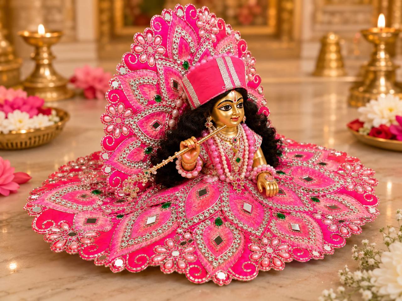 Premium Pink Laddu Gopal Poshak | Designer Floral & Stone Work Krishna Shringar Dress