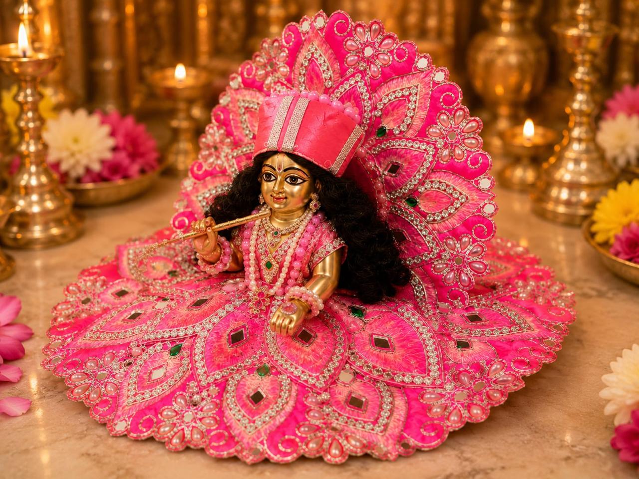 Premium Pink Laddu Gopal Poshak | Designer Floral & Stone Work Krishna Shringar Dress