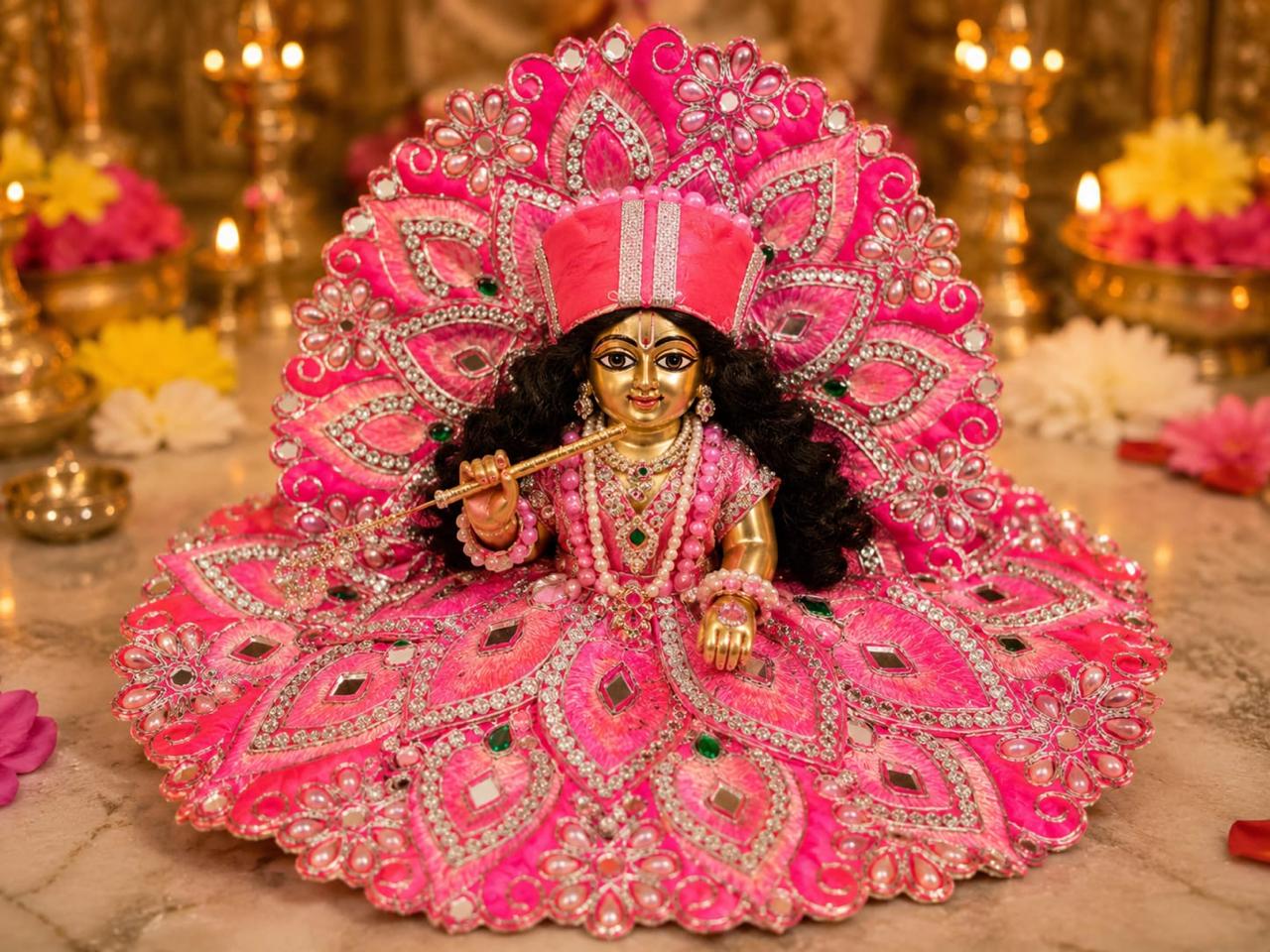Premium Pink Laddu Gopal Poshak | Designer Floral & Stone Work Krishna Shringar Dress