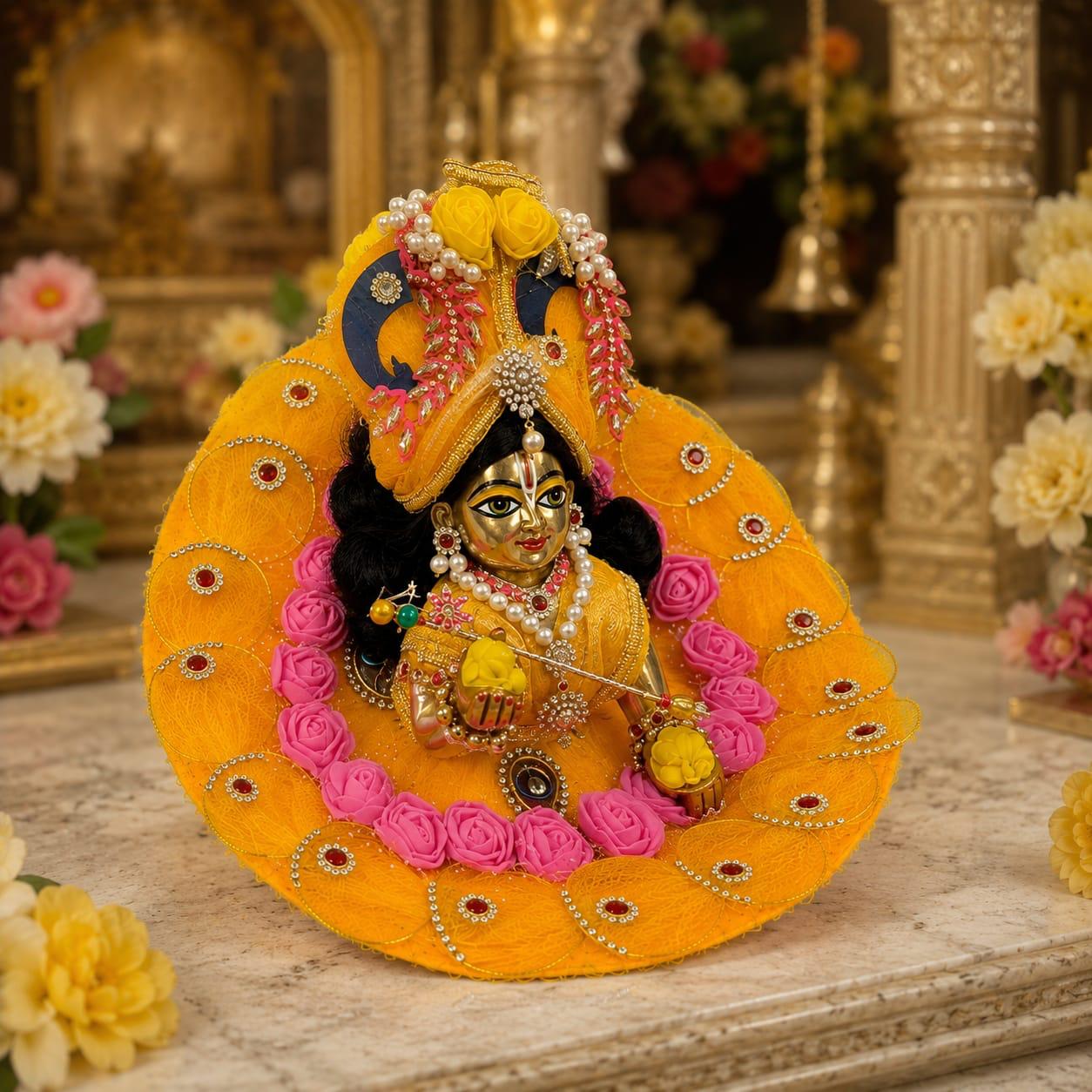 Yellow & Pink Floral Laddu Gopal Poshak | Designer Phool Shringar Dress for Kanha Ji