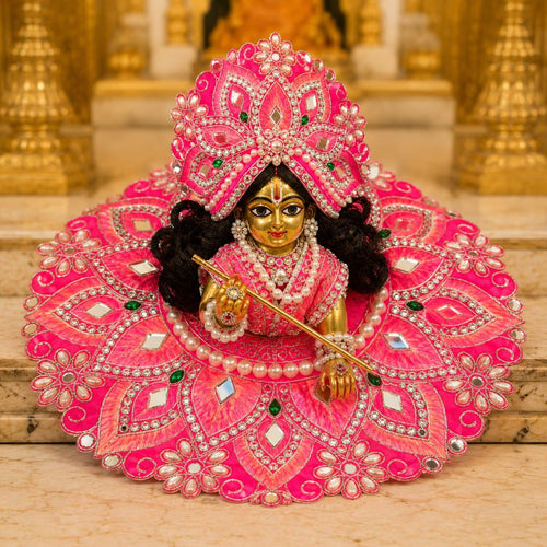 Hot Pink Lotus Laddu Gopal Poshak | Designer Pearl & Mirror Work Krishna Dress with Mukut